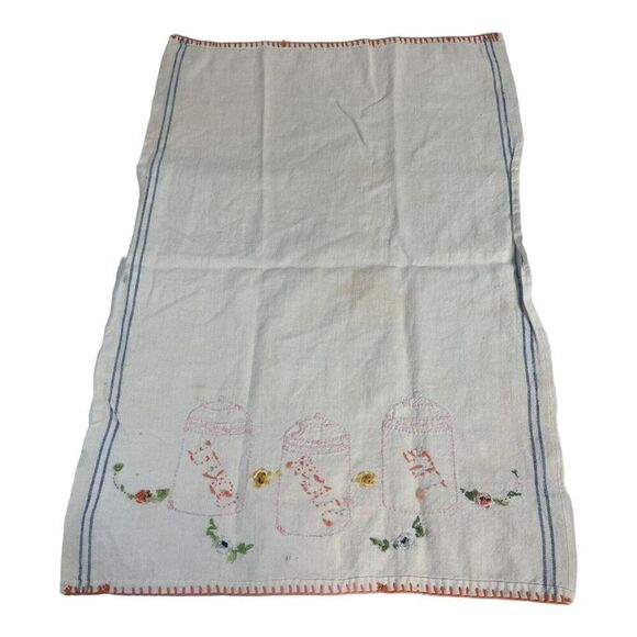 Tea Sugar And Coffee Jar Vintage Embroidered Kitchen Towel Cottage Core SEE - Picture 5 of 5